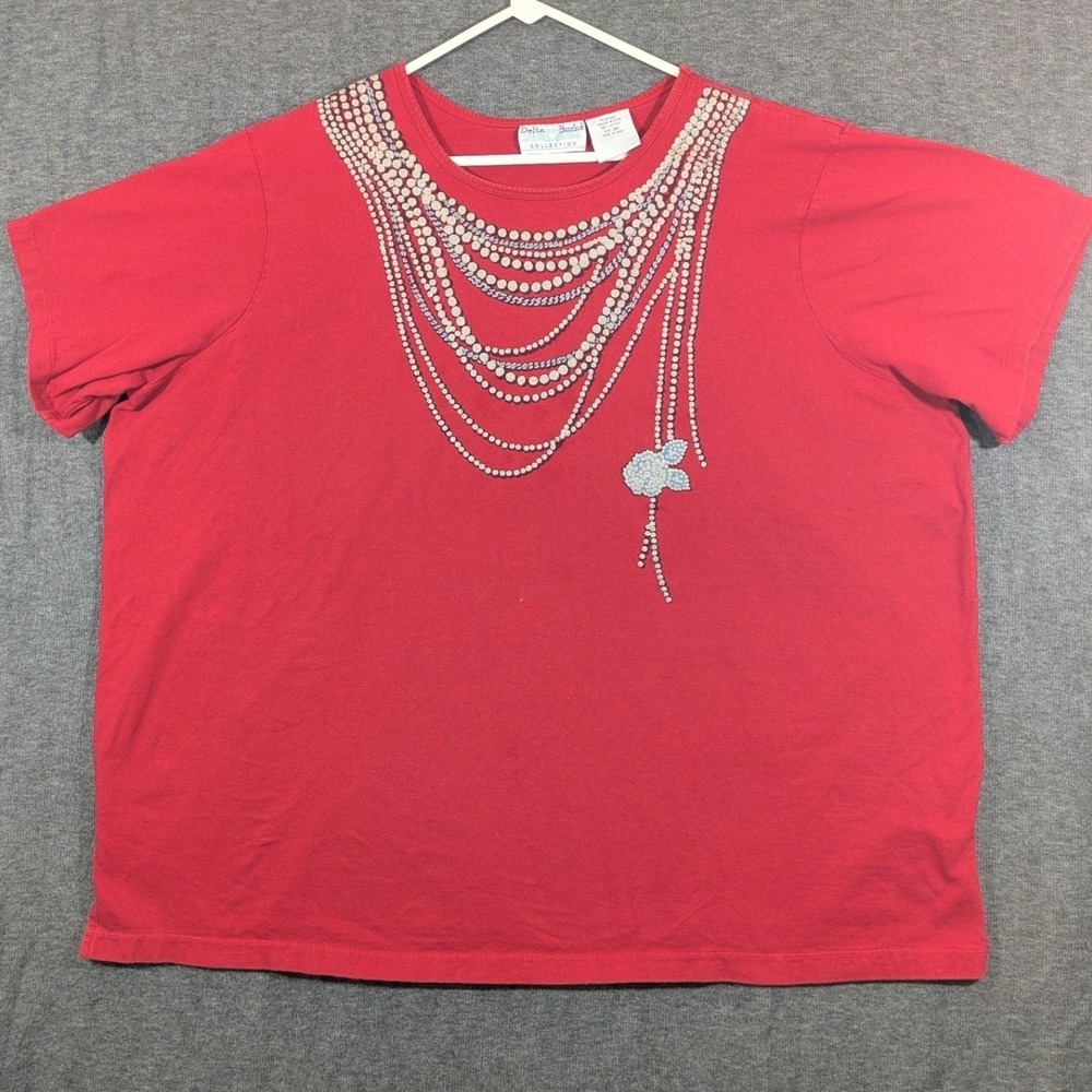 Delta Burke Collection Red Faux Pearl Necklace Graphic T-Shirt Cotton Size 3X